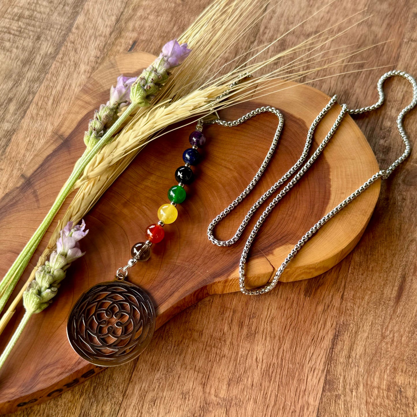 Collar 7 Chakras y Flor De La Vida Plateado