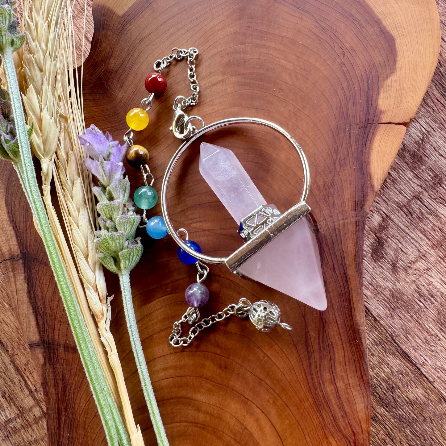 Péndulo Con Punta Y Pirámide Con Chakras Cuarzo Rosa