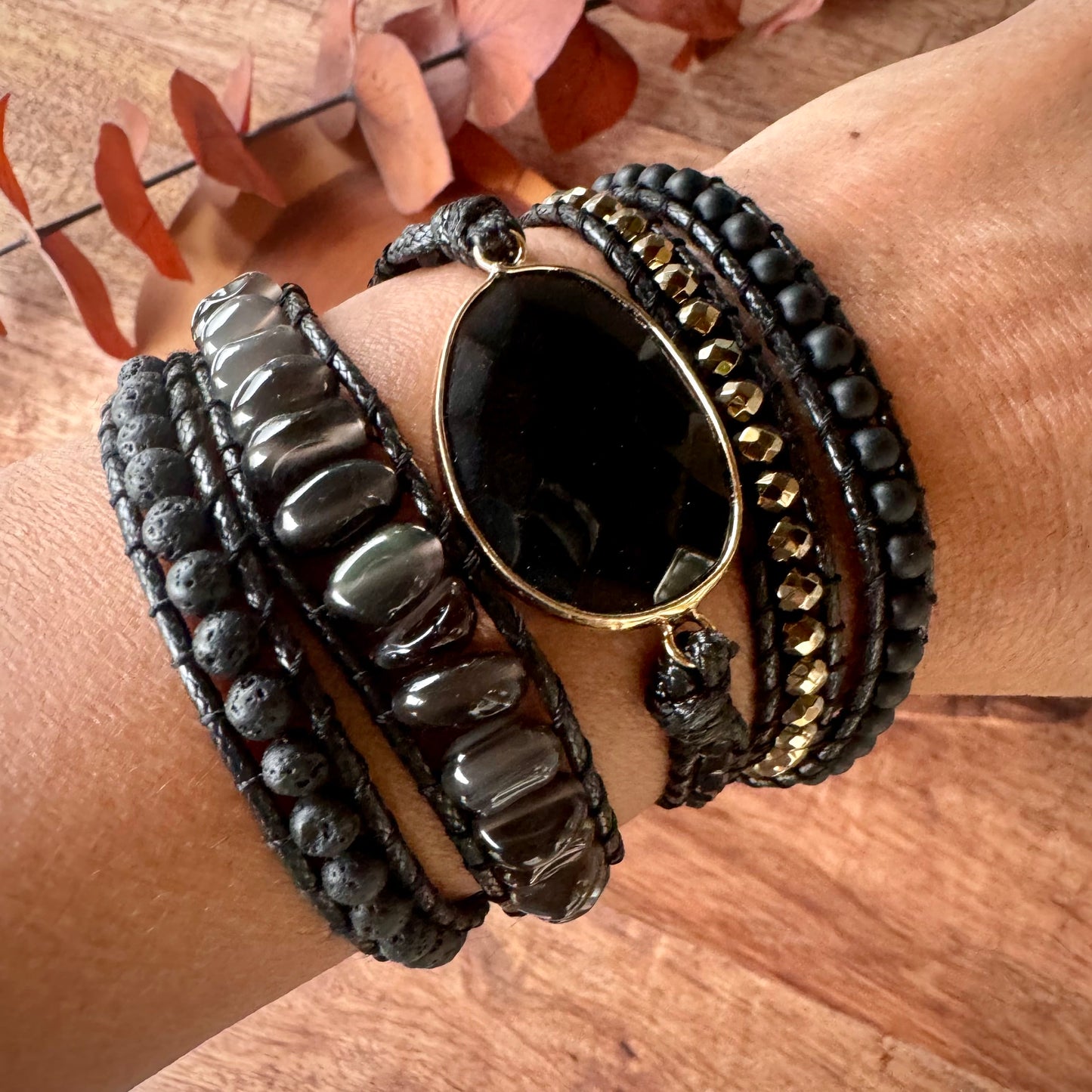 Pulsera "Wrap" Negra Obsidiana