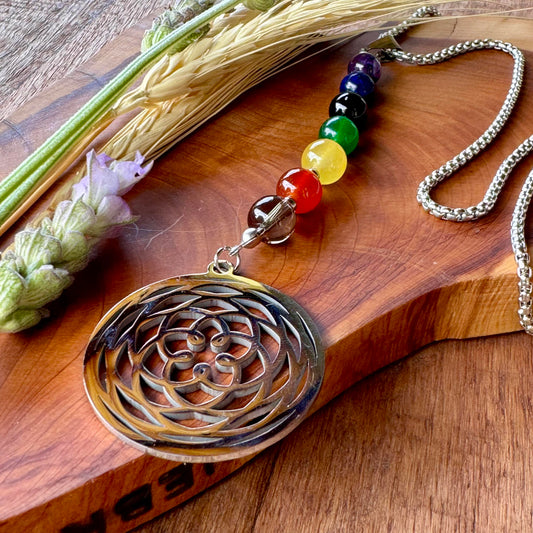 Collar 7 Chakras y Flor De La Vida Plateado